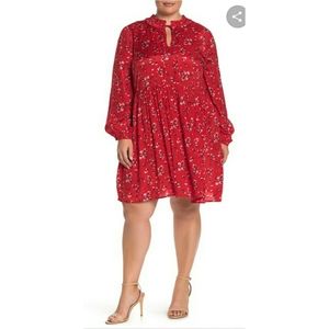 Long Sleeve Tie Neck Printed Babydoll Dress 